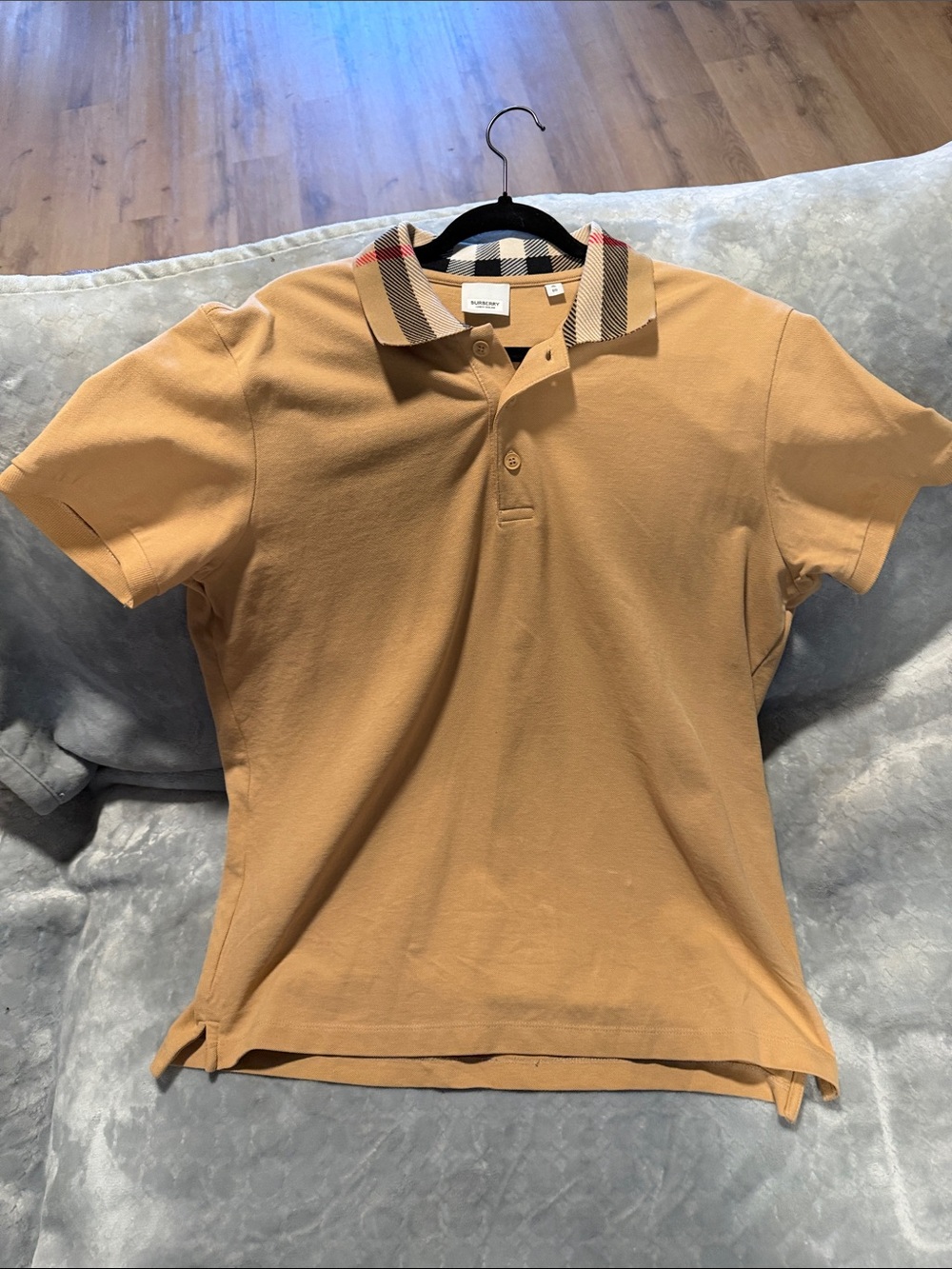Men's Burberry Short Sleeve Polo Shirt in Camel with Checked Collar